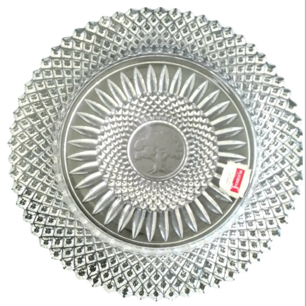 Vintage Fostoria 1978 English hobnail crystal plate with a center tree of life